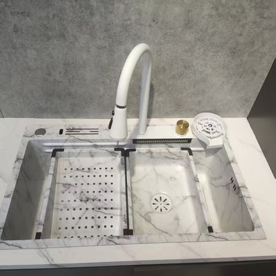 白い多機能キッチンシンク、ダブルボウル、トップマウント、ステンレススチール