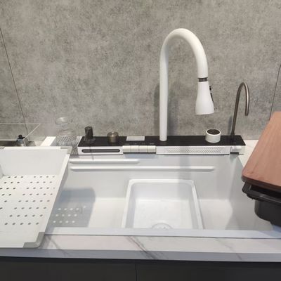 白い多機能キッチンシンク、ダブルボウル、トップマウント、ステンレススチール