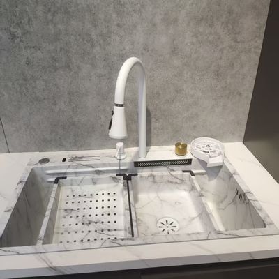 白い多機能キッチンシンク、ダブルボウル、トップマウント、ステンレススチール
