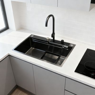 モダンキッチン向け800mm二層ステンレス鋼製キッチンシンクセット、ハイアーク蛇口付き、1年保証