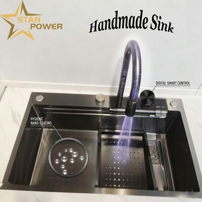 お買い得 Matte Black Nano-Coated 304 Stainless Steel Kitchen Sink Undermount Double Bowl 750mm 230mm Deep Basin オンライン