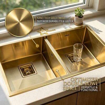 お買い得 Gold-Toned Food-Grade 304 Stainless Steel Main Auxiliary Bowl Kitchen Sink Flush-Mount 900mm 250mm Deep Basin オンライン