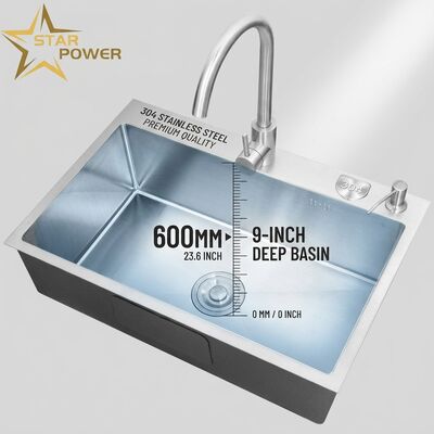 お買い得 304ステンレス鋼ダブルボウルキッチンシンク ポリッシュ仕上げ トップマウント 600mm 深さ9インチ オンライン