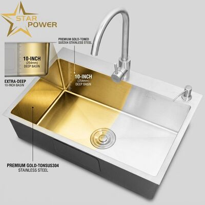 お買い得 Flush Mount / Inset Kitchen Sink SUS304 Stainless Steel Main & Auxiliary Bowl Kitchen Sink Gold-Toned Flush-Mount 700mm 10-Inch Extra-Deep Basin | Custom Basin Depth Available | Custom Steel Gauge Available オンライン